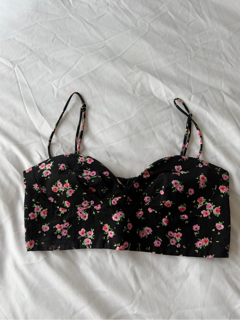 Zara Black Crop Top with Pink Floral Print (Size S really)